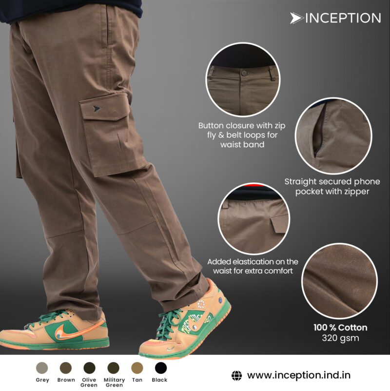 Inception Men’s Stylish Comfort Fit Cargos (Brown) - Image 5