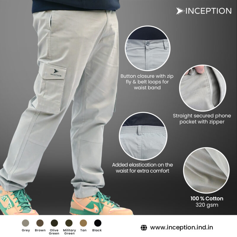 Inception Men’s Stylish Comfort Fit Cargos (Grey) - Image 10