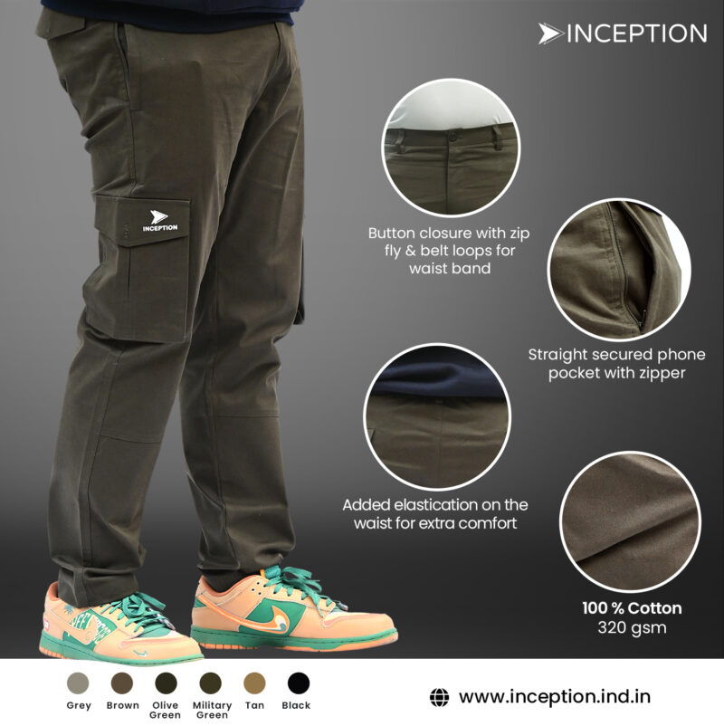 Inception Men’s Stylish Comfort Fit Cargos (Olive Green) - Image 5