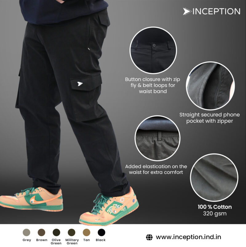 Inception Men’s Stylish Comfort Fit Cargos(Black) - Image 6