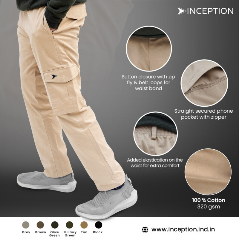 Inception Men’s Stylish Comfort Fit Cargos (Tan) - Image 4